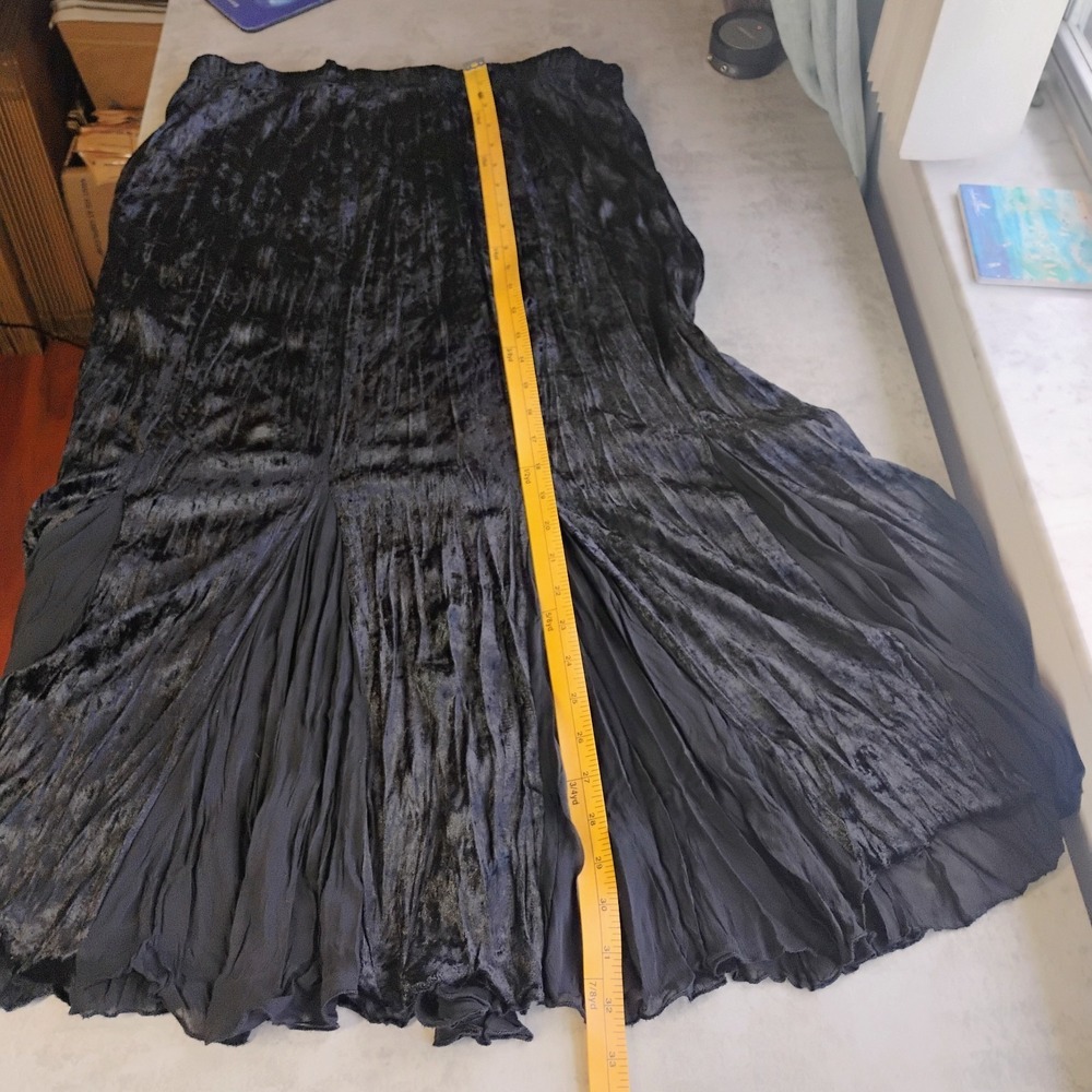 Y2K Crushed Velvet Burnout Midi Skirt Sz L Black Tulip Flared Godet Goth Witchy - Picture 8 of 9